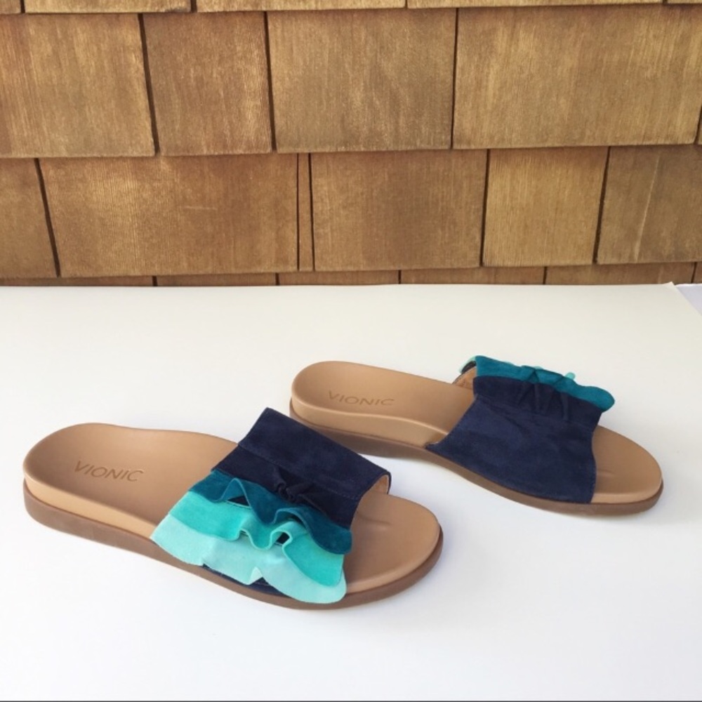 Vionic Roni Suede Ruffle Slide Turquoise Navy